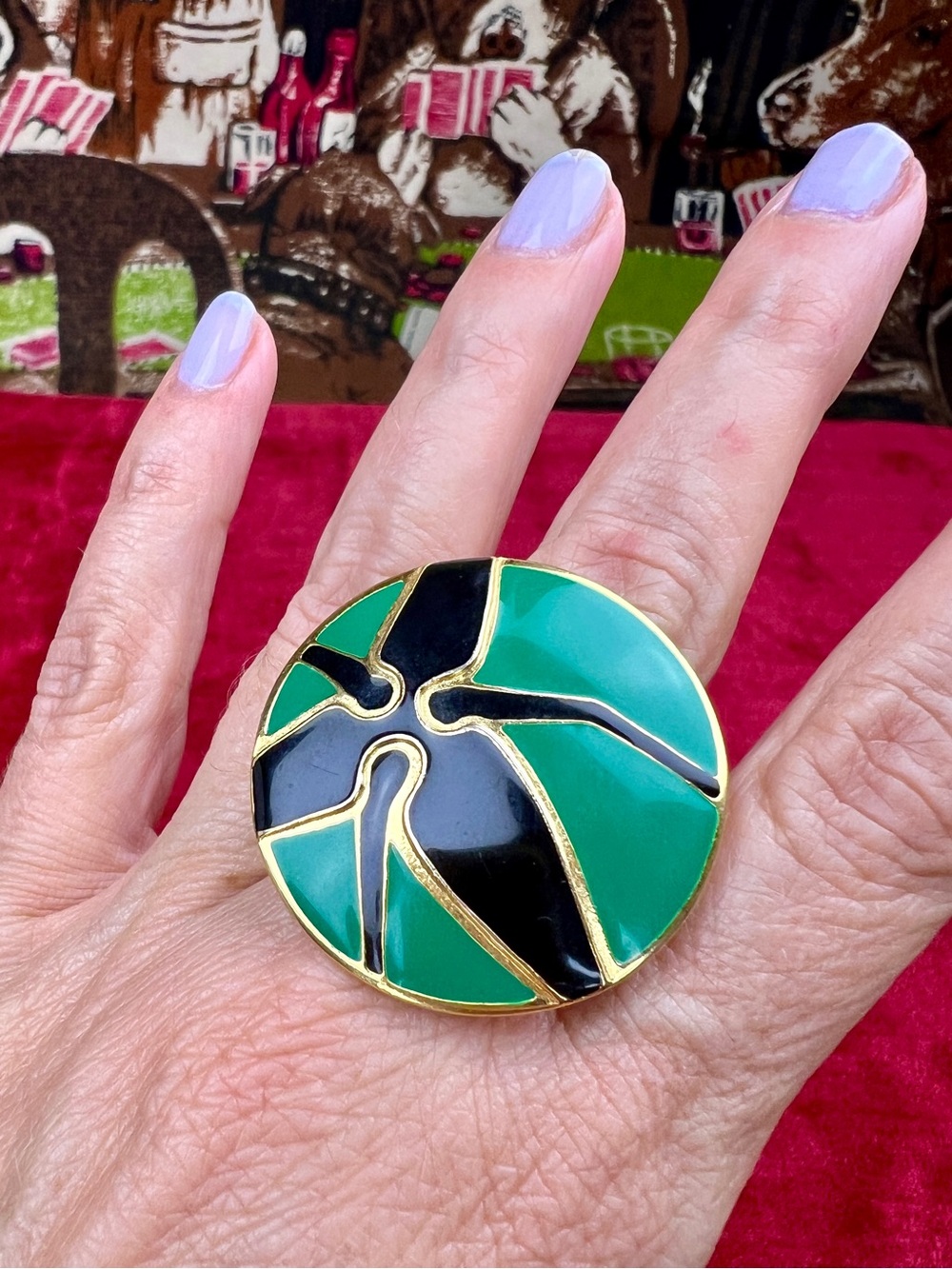 Vintage Remix Green & Black Enamel Designer Adjustable Statement Ring